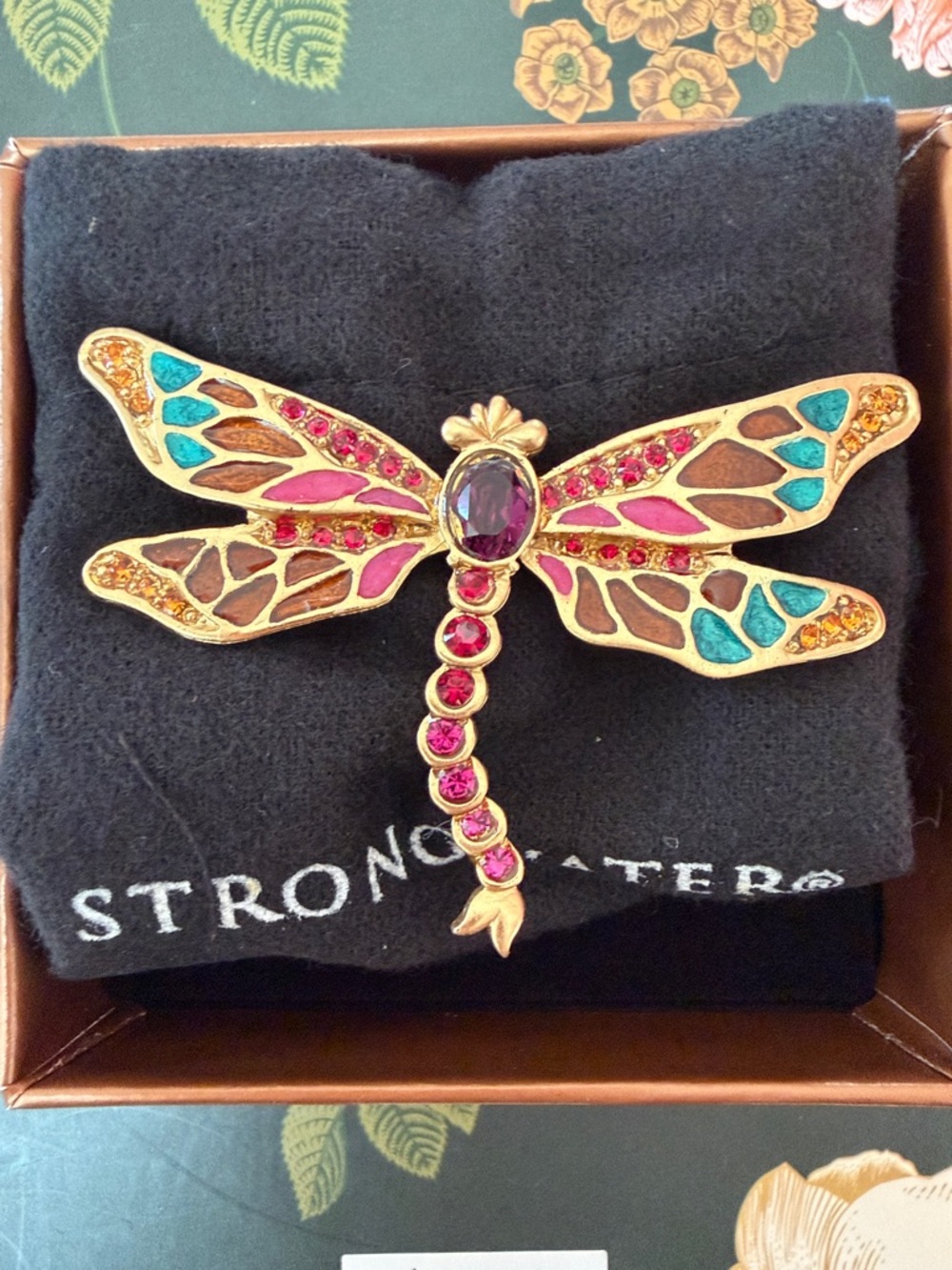 Jay Strongwater Handmade Dragonfly Brooch in Pink, Turquoise & Gold-tone